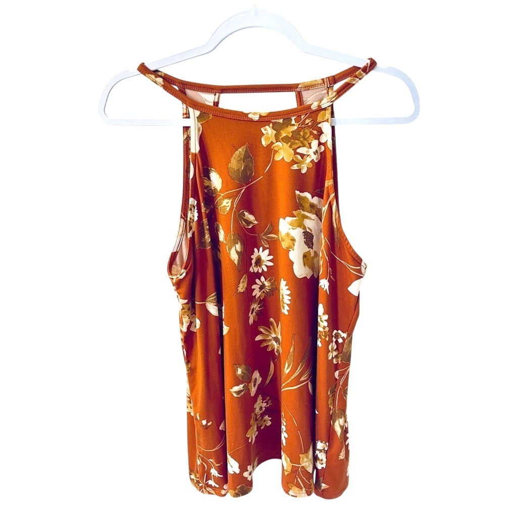 Nine Britton  Floral Halter Tank‎ Top Burnt Orange V-Back Size L Made in USA